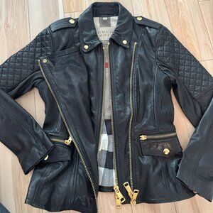 BURBERRY BRIT "Remington" Lamb Leather Gold Zipper Biker Jacket
